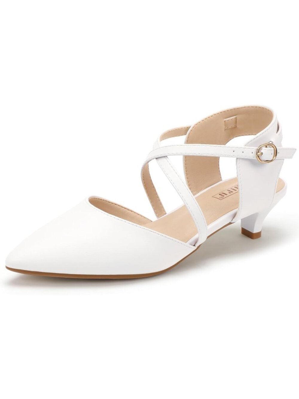 Women's White Classic Comfortable Pointed Toe Ankle Strap Kitten Low Heels Shoes
